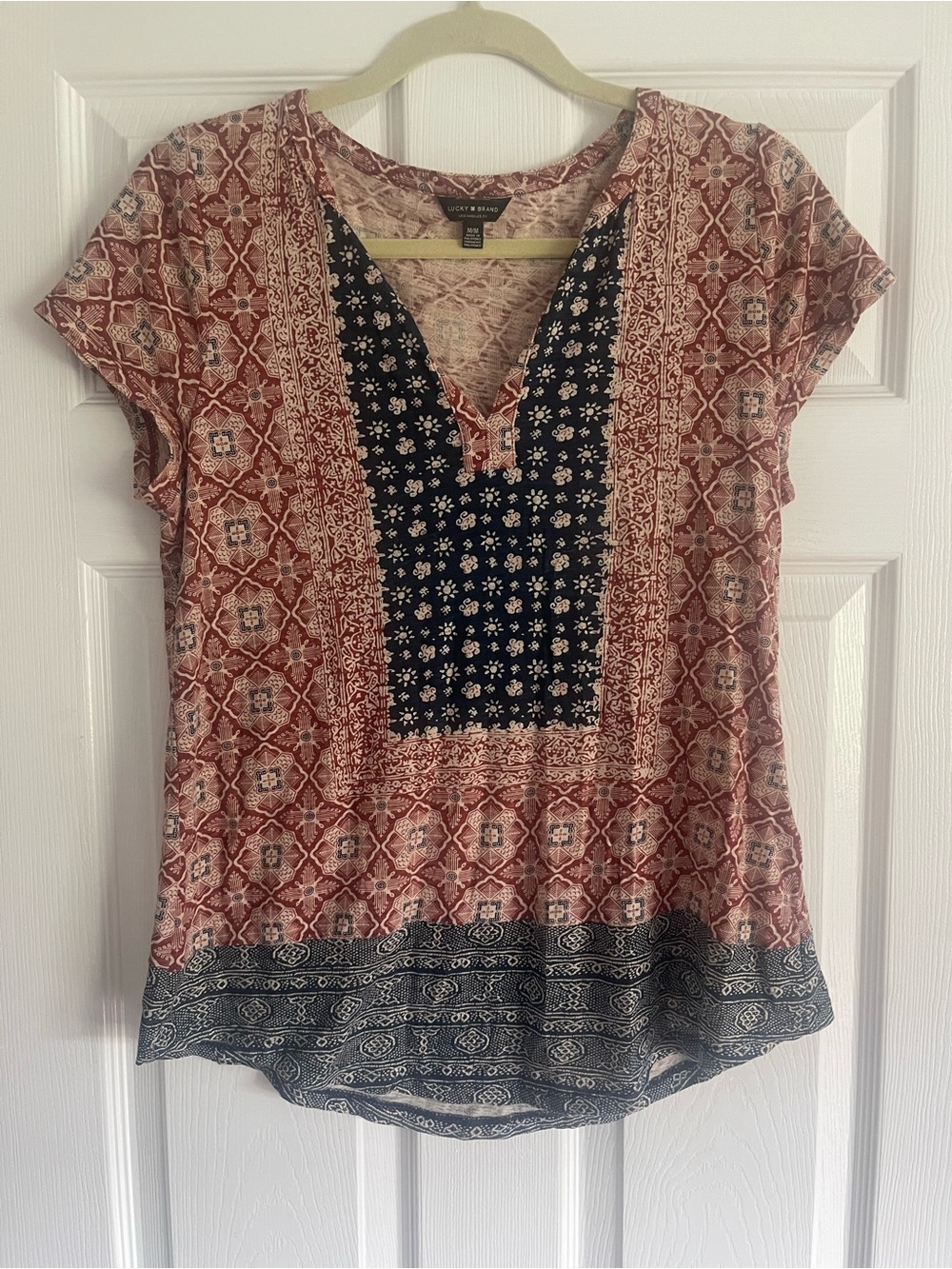 Lucky Brand Rust and Navy Mixed-Print V-Neck Blouse